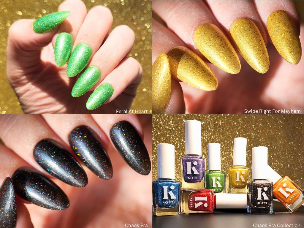 Chaos Era nail polish colours side by side – bold & sparkly set