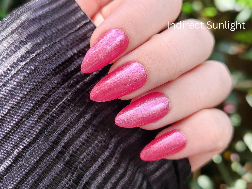 Hot pink shimmer nail polish swatch on light skin – Holy P*nk!