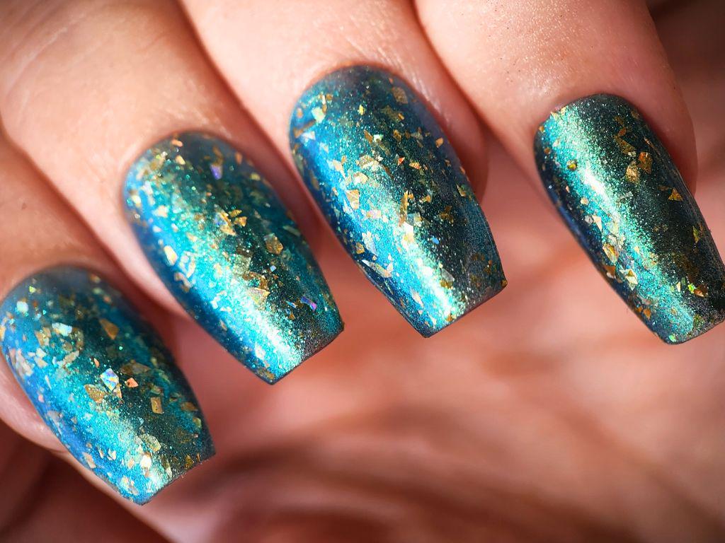Autumn Breeze - Kitti Nails - Australian made Non-Toxic Nail Polish - Blue Green Aqua Multichrome Holographic Gold Flake Nail Polish