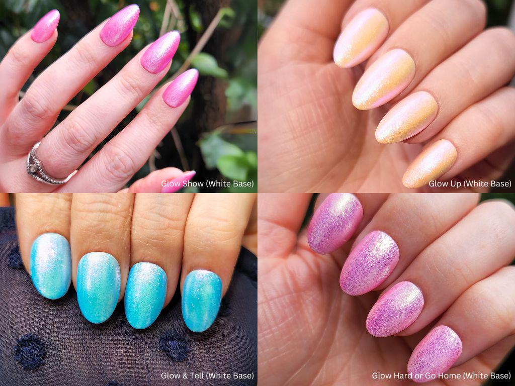 Glow Party shimmer polishes over white base – topper effect with sparkle