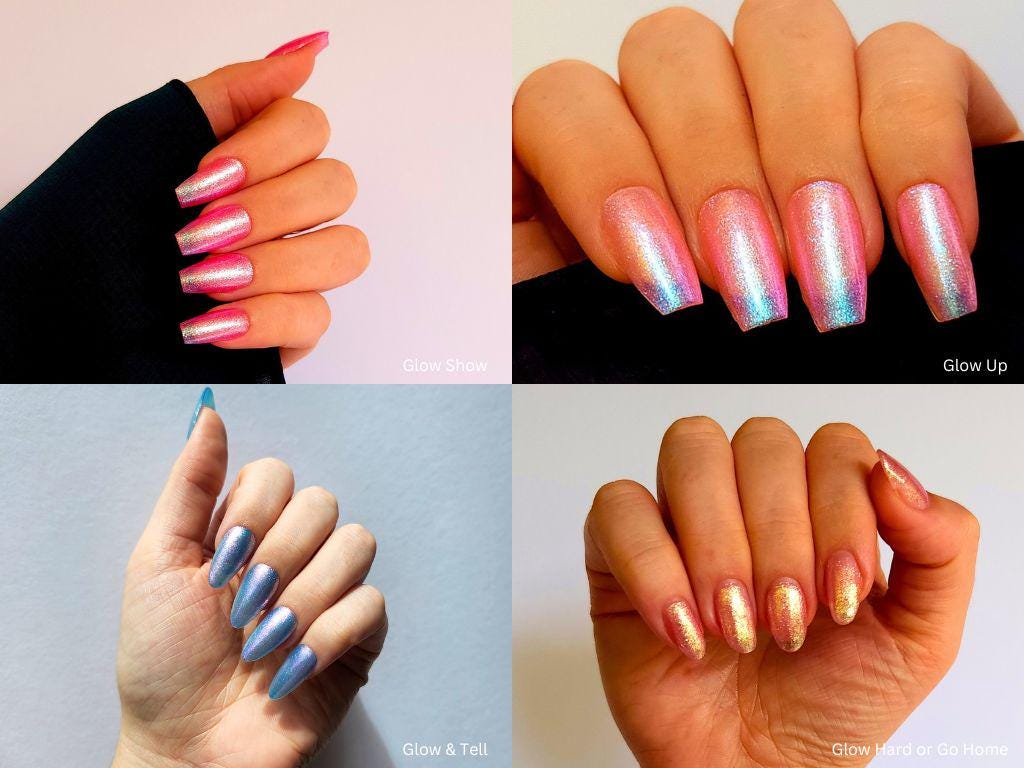 Indie shimmer nail polish collection – coral, blue, pink, and hot pink shades