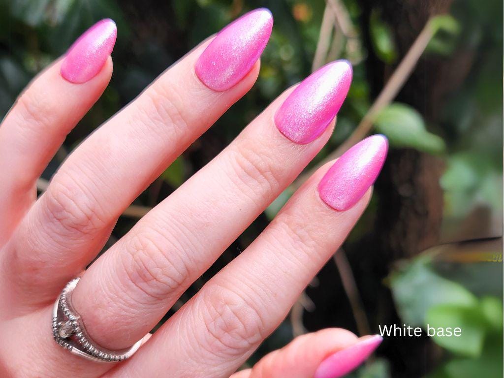 Glow Party shimmer polish layered over white – vegan, non-toxic topper effect
