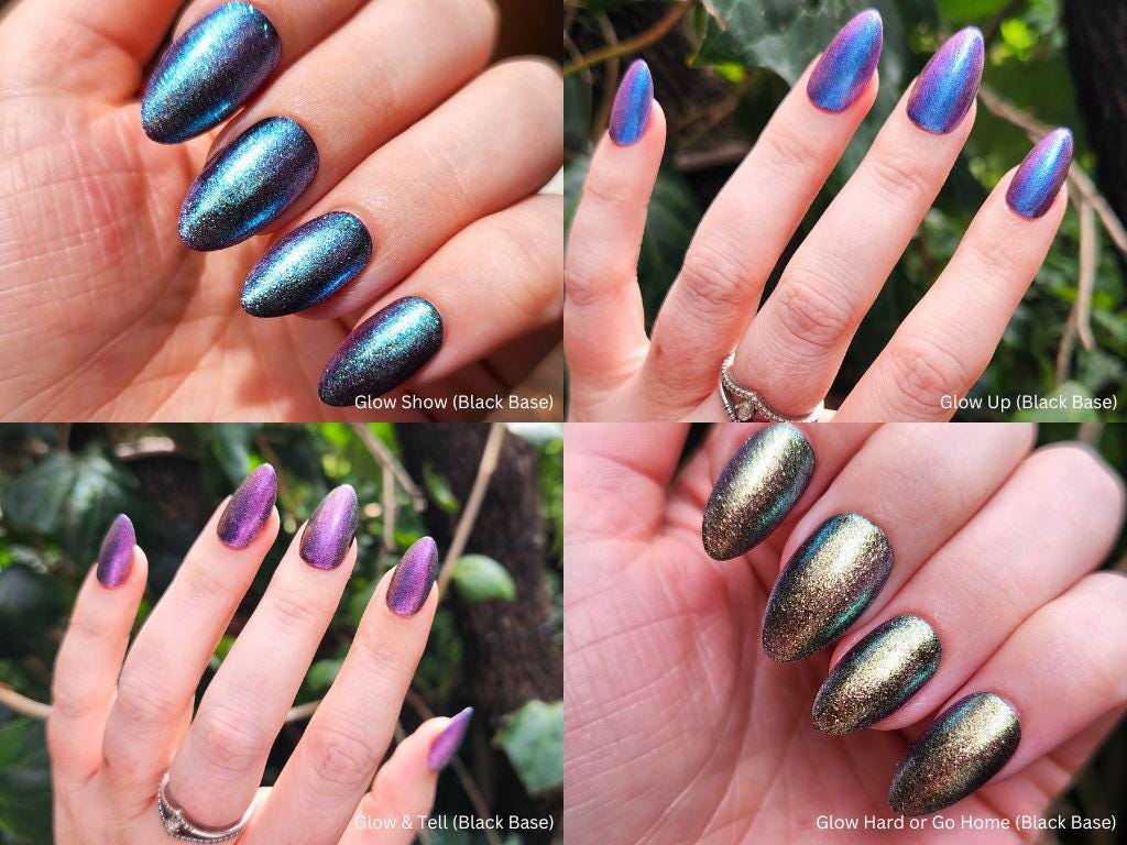 Glow Party Collection layered over black – strong multichrome shimmer pop