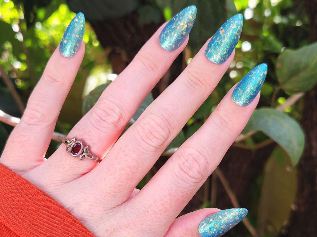 Autumn Breeze - Kitti Nails - Australian made Non-Toxic Nail Polish - Blue Green Aqua Multichrome Holographic Gold Flake Nail Polish