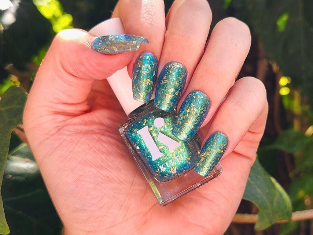 Autumn Breeze - Kitti Nails - Australian made Non-Toxic Nail Polish - Blue Green Aqua Multichrome Holographic Gold Flake Nail Polish