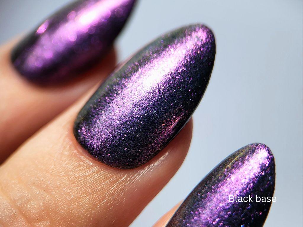 Macro of Glow & Tell – shimmer particles in sheer blue base with purple glow