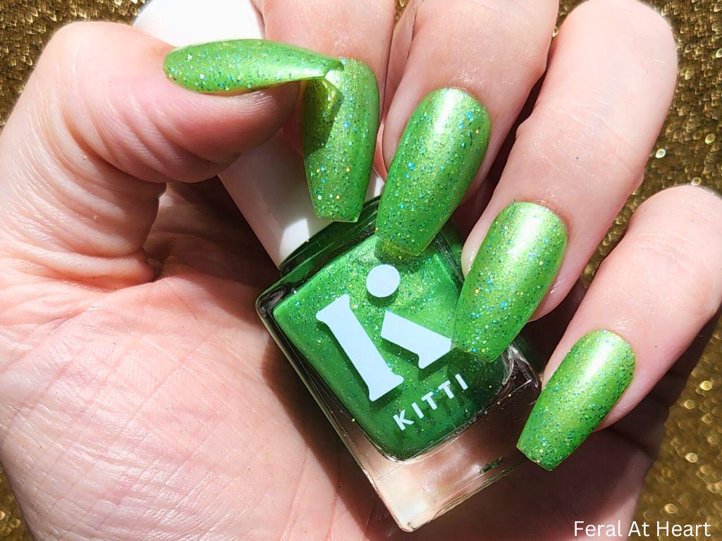 Vegan and cruelty-free green holographic nail polish – Feral at Heart swatch