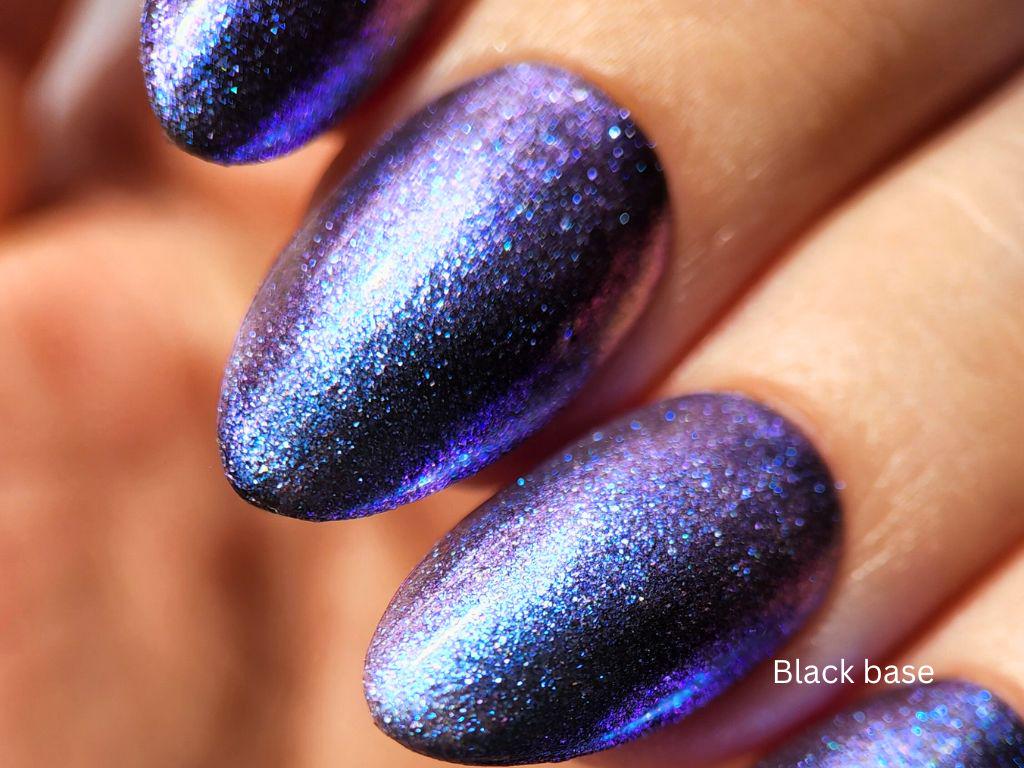 Indie shimmer polish macro – peachy base with vibrant multichrome glow