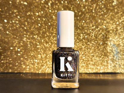 Vegan black glitter nail polish bottle shot – Chaos Era indie polish