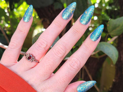Autumn Breeze - Kitti Nails - Australian made Non-Toxic Nail Polish - Blue Green Aqua Multichrome Holographic Gold Flake Nail Polish