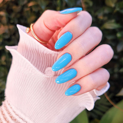 Pastel blue nail polish swatched on nails – Blueberry Mood by Kitti Nails