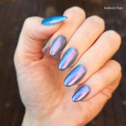 Blue to purple holographic shimmer polish bottle – vegan indie Australian brand - At home manicure