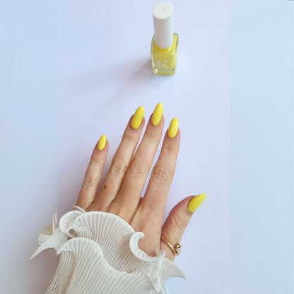 No Thoughts, Just Sunshine yellow nail polish bottle by Kitti Nails – creamy buttery pastel shade