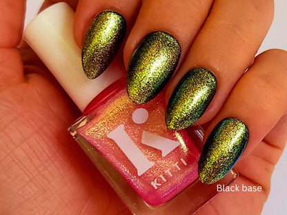 Pink shimmer polish with gold and green shift used as a topper over black base– Glow Hard or Go Home
