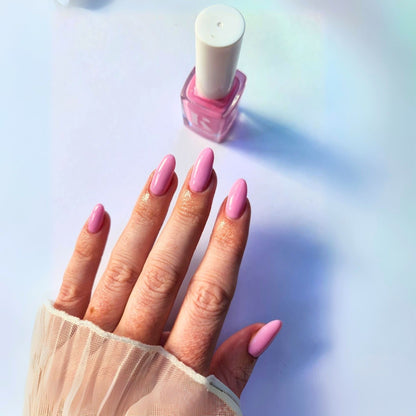 Long-lasting pastel pink vegan nail polish swatched on nails – Pinky Promise