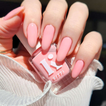 Glossy sheer pink nail polish swatched on nails – Romantic Delusion
