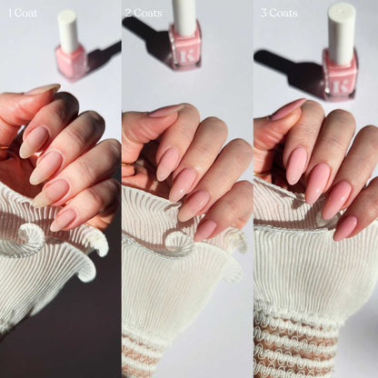 Soft pink manicure with buildable coverage – one to three coats of Romantic Delusion