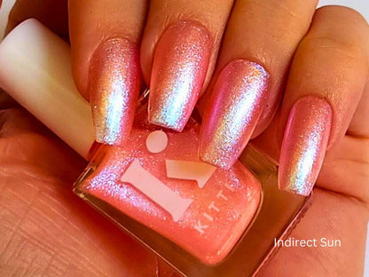 Handmade non-toxic polish bottle – peach shimmer with blue-purple sparkle