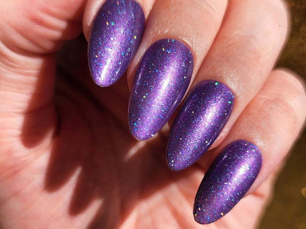Full coverage purple holographic glitter polish – Unhinged After Dark macro